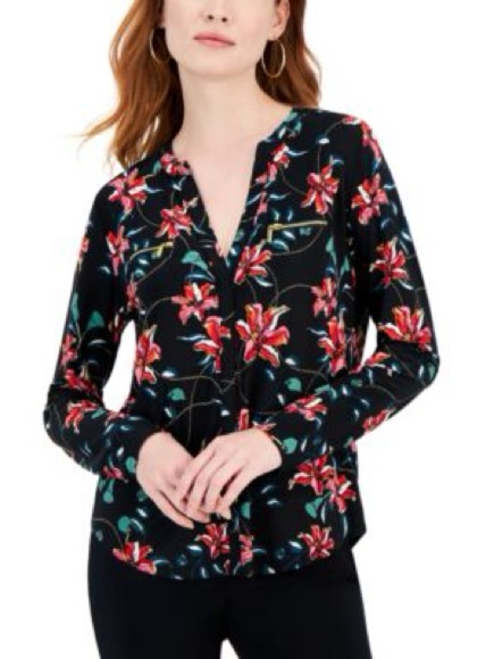 INC International Concepts Black Floral Split-Neck Long Sleeve Blouse Size:XL